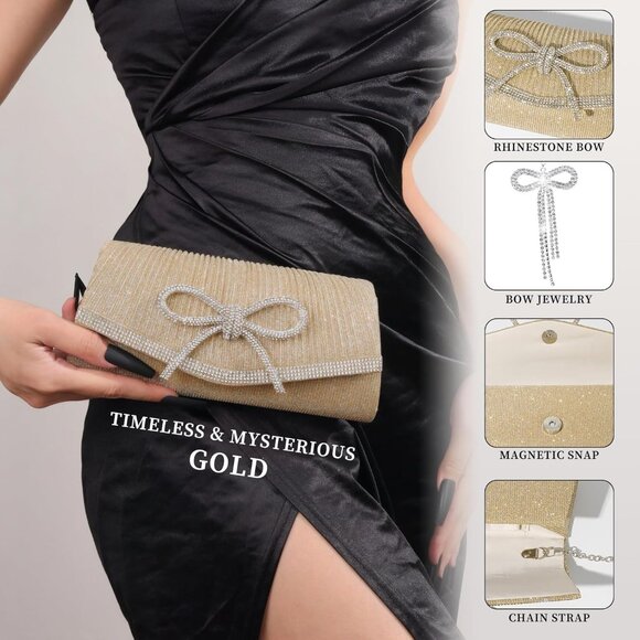 Gold Rhinestone Bow Evening Clutch Bag for Prom Wedding Formal Party - Picture 2 of 5